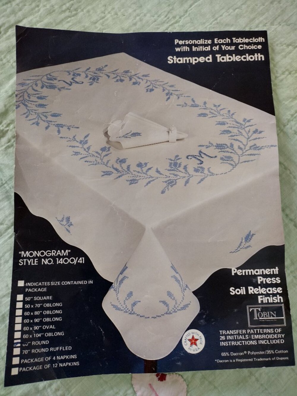 Vintage Tobin Stamped Monogram Tablecloth DIY 70 x 51 1/2
